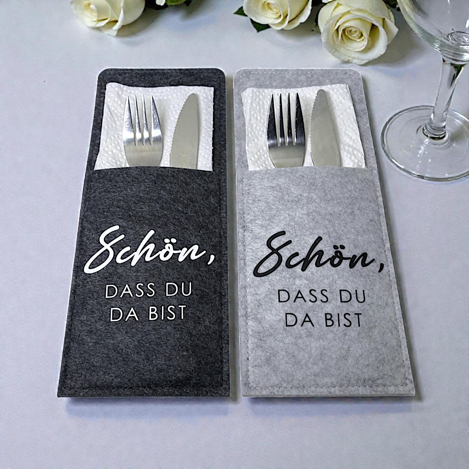 2/4/6er Set Bestecktasche Schön, dass Du da bist - Filz anthrazit oder grau